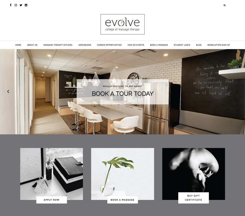 Evolve College of Massage Therapy Website Home Page