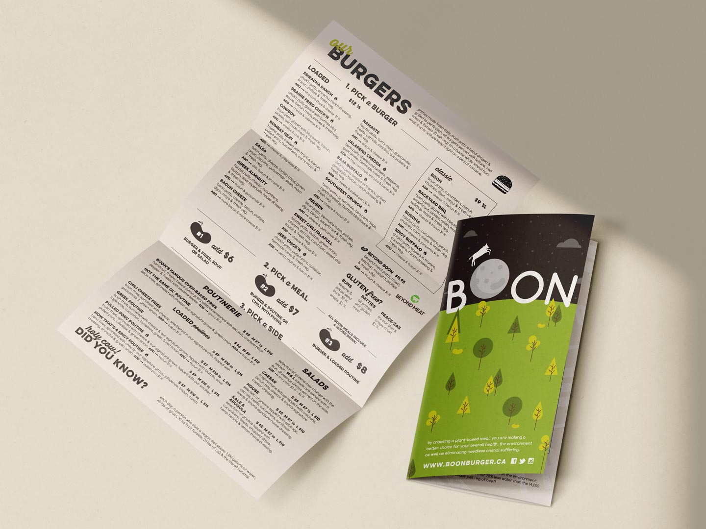 Boon Burger Cafe restaurant menu, trifold legal brochure